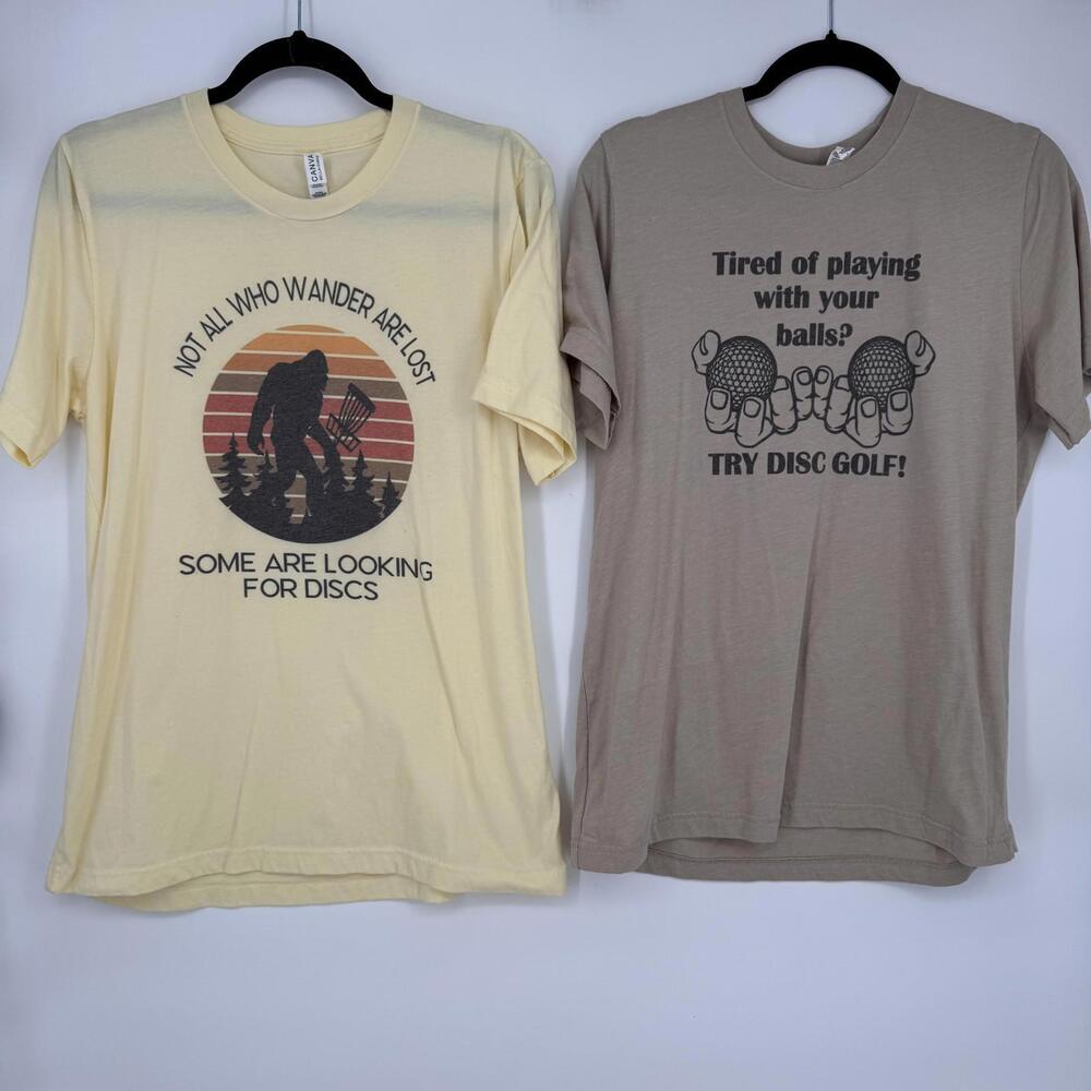 Bella + Canvas Shirt Unisex Large Disc Golf Bigfoot Funny Graphic Tee Lot Of 2